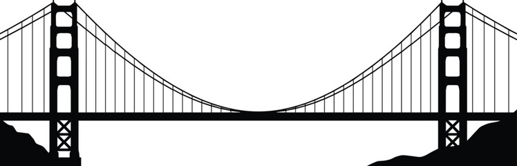 Suspension bridge silhouette illustration, iconic urban landmark structure, modern engineering architecture design, black and white vector art