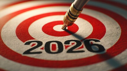 Hitting the Mark in 2026: A close-up shot of a dart hitting the bullseye on a target, with the year 2026 prominently displayed. conveying the concept of hitting a future target