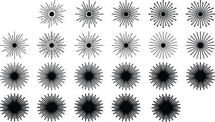 Abstract sunburst radial line shapes collection, geometric starburst icons set, vintage modern decorative design elements isolated vector illustration