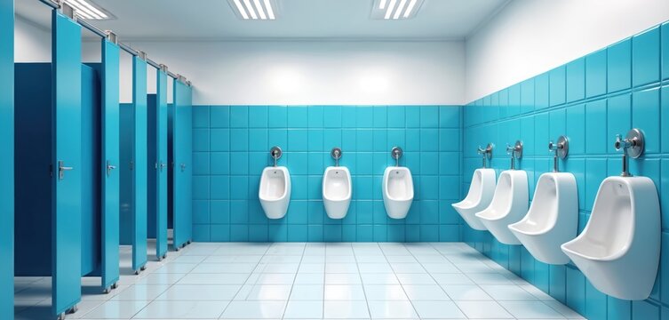 Bright blue public restroom with rows of white urinals and stall doors. Clean modern facility interior shows ceramic tiles on walls and floor. Space includes multiple partitions for privacy.