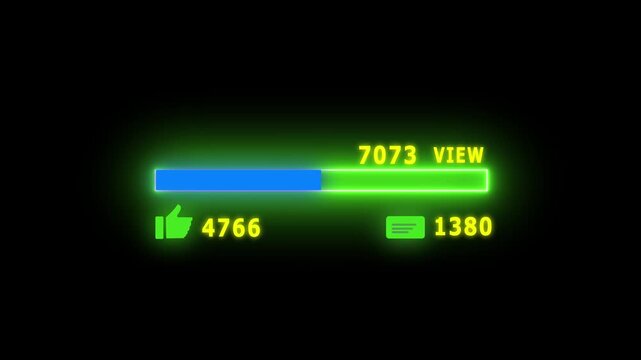 Progress bar paired with neon-style icons for views, likes, and comments. Perfect for modern content platforms, streaming overlays, or interactive user engagement systems.