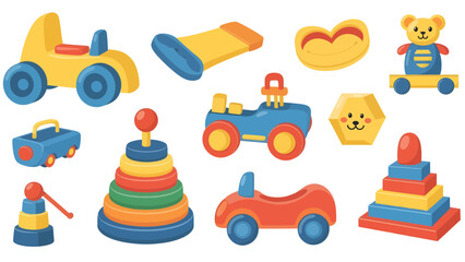 Obraz premium Playful Action with Colorful Toy Vehicles and Stacking Shapes in a Creative Learning Environment for Children