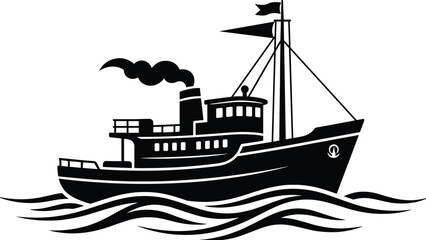 Cargo ship or steam boat silhouette illustration sailing on waves, black and white maritime transportation icon for shipping industry concept