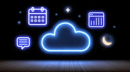 Fototapeta premium Cloud computing data storage digital calendar message bubble night sky neon icon glowing symbol online service futuristic design web interface Cloud computing data storage digital calendar message