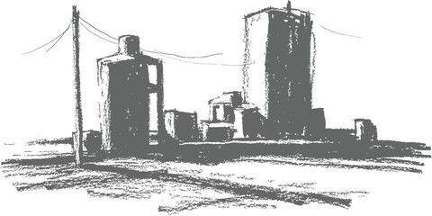 Obraz premium Gritty Hand Drawn Vector Sketch of Urban Industrial Buildings and Skyline