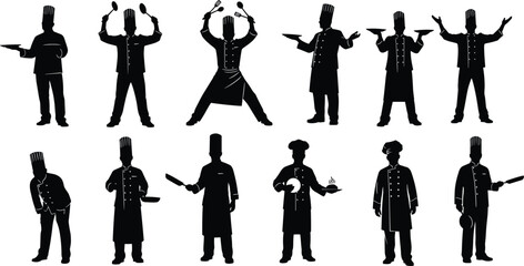 Chef silhouettes in various poses, culinary tools, cooking gestures, kitchen attire, food presentation, restaurant staff, culinary profession illustration