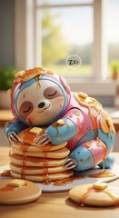 Naklejka premium Adorable robotic sloth character sleeps soundly atop a large stack of syrup-drenched pancakes.