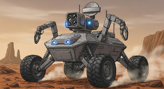 Futuristic Mars Rover Exploring a Desert Landscape with Advanced Technology.