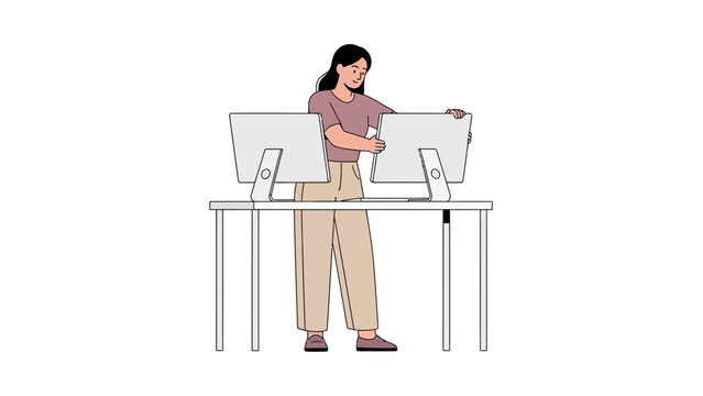 Illustration of a woman setting up dual computer monitors in a minimalist style