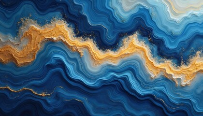 Obraz premium Abstract blue, yellow wavy lines create seamless pattern with gold accents. This graphic texture resembles marble or agate stone formations. It is useful for backgrounds, wallpapers, textile prints.
