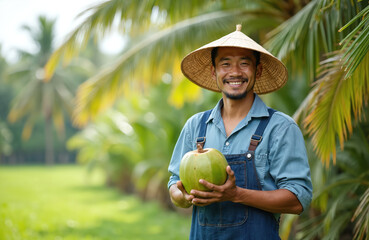 Smiling Asian farmer wears conical hat, holds green coconut fruit. Man works in tropical garden, happy about harvest. Cultivated coconuts are grown for sale and juice.