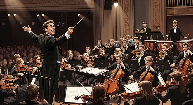Dynamic Orchestra Performance with Conductor Leading Musicians on Stage.
