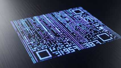 Futuristic Digital QR Code with Integrated Circuit Board Pattern in Glowing Blue and Purple on a Dark Reflective Surface