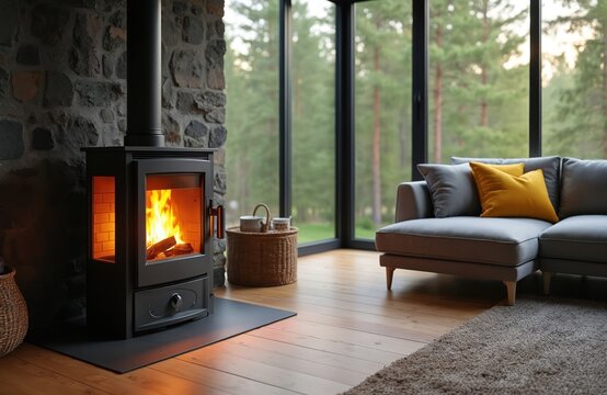 Modern living room with active wood burner stove, plush grey sofa, and large window view of forest. Warm flames inside metal firebox, cozy ambiance inside home interior.