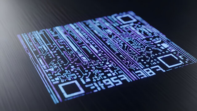 Futuristic Digital QR Code with Integrated Circuit Board Pattern in Glowing Blue and Purple on a Dark Reflective Surface - Powered by Adobe