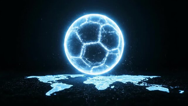 Futuristic glowing blue digital soccer ball rotating over world map