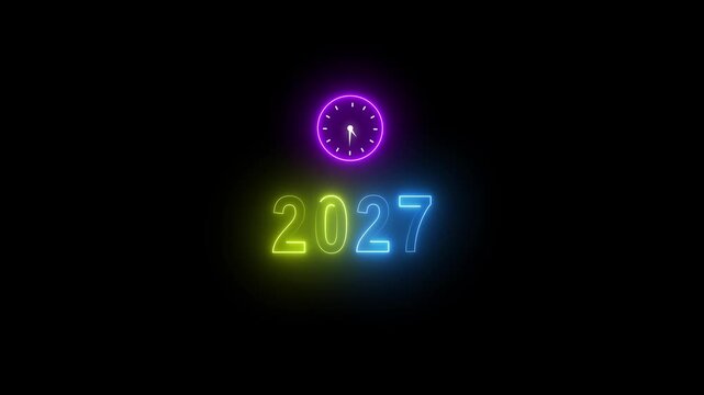 New year 2027 loading animation. Neon new year text animation. New year timer clock icon animation on a Black Background.