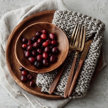 Eine Luftaufnahme einer rustikalen Weihnachtstafel mit Holztellern, gestrickten Servietten, bronzenem Besteck und Preiselbeeren vor einem wei&szlig; lackierten Tisch mit geringer Sch&auml;rfentiefe.