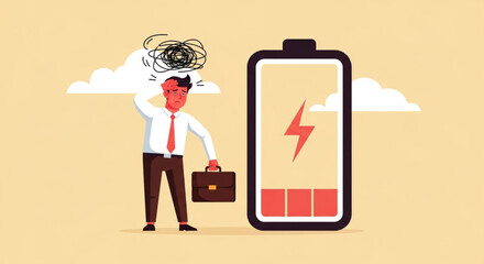 Frustrated businessman experiencing low energy with depleted battery icon, concept of exhaustion and stress in office environment, flat illustration