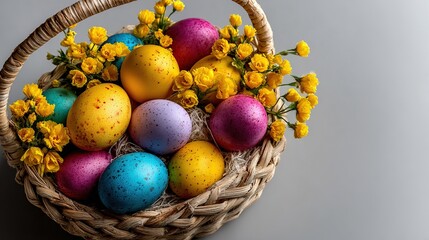 Easter Egg Bounty: A rustic basket brimming with vibrantly colored, speckled Easter eggs and delicate sprigs of yellow blossoms, a quintessential symbol of springtime renewal and joy.