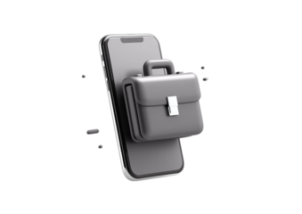 Upright smartphone with 3D briefcase business work icon Isolated on a transparent background