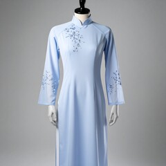 Traditional Vietnamese Long Dress with Embroidered Floral Details Displayed