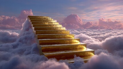 Golden Stairway to Dreams: A magnificent golden stairway ascends through a sea of fluffy clouds, hinting at a journey of hope, aspiration, and boundless possibilities.
