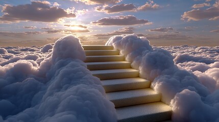 Ascending to Serenity: A sunlit staircase pierces through a sea of fluffy clouds, evoking a sense of wonder, spiritual journey, and infinite possibilities.