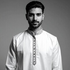 Young Indian Man in Traditional White Kurta with Embroidery