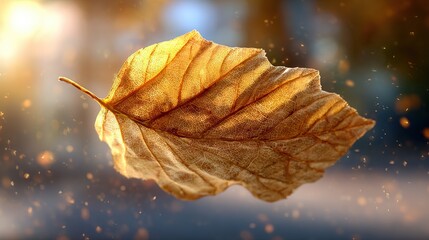 Autumn Leaf: A solitary, golden leaf, gracefully suspended mid-air, bathed in a warm, ethereal glow, encapsulates the ephemeral beauty and gentle transition of the autumn season.