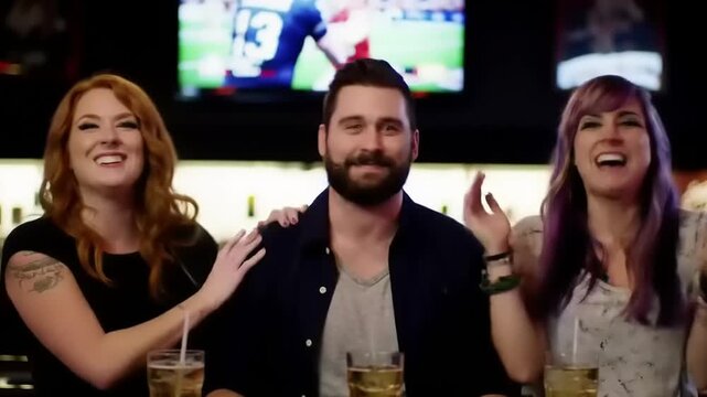 Friends cheering and celebrating at a sports bar watching a game on TV.