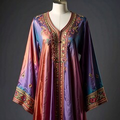 Vintage Multicolored Embroidered Kaftan Dress with Intricate Floral Patterns