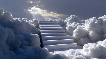 Ascending to Serenity: A pristine staircase ascends gracefully into the heavens, piercing through the fluffy clouds towards the divine glow. This image speaks to aspiration and spiritual journey.