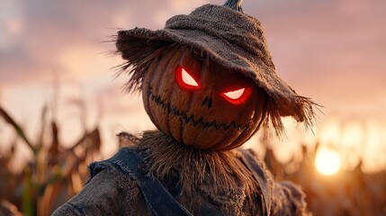 Sinister Sentinel in the Cornfield: A spooky scarecrow, crafted with a pumpkin head and menacing, glowing red eyes, stands guard in a vast cornfield at dusk, evoking an eerie atmosphere.