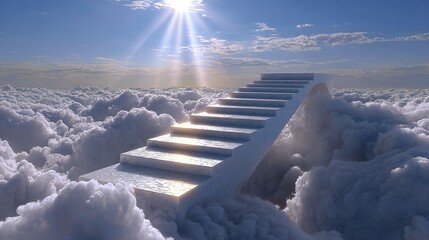 Stairway to the Heavens: Ascending stairs emerge from a sea of clouds, reaching towards a radiant sun. This scene evokes a sense of journey, aspiration, and boundless possibility.