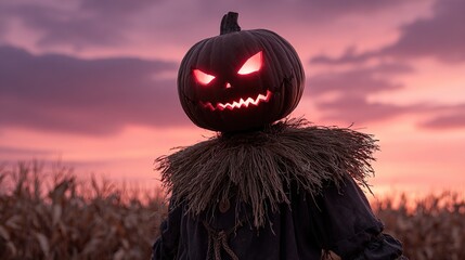 Halloween Scarecrow Silhouette: a sinister-looking scarecrow, topped with a glowing pumpkin head against a dusky sky. Evokes the spooky atmosphere of Halloween.