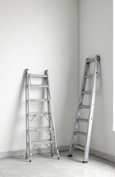 Two aluminum ladders rest against clean white wall. One ladder is fully extended, leaning in corner, while other is folded. Minimalist indoor setting suggests renovation or new construction phase.