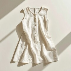 White Linen Sleeveless A-Line Mini Dress with Buttons Front