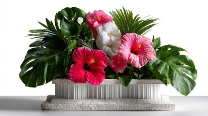 Tropical Flora in Bloom: A stunning arrangement of vibrant hibiscus and lush tropical foliage in a classic, decorative container. showcasing the beauty of nature.