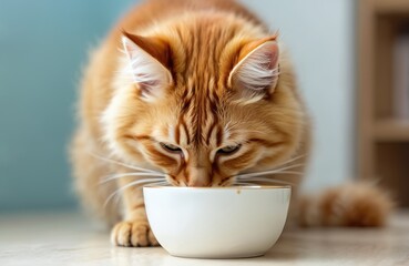 Ginger cat eating from white bowl on table. Domestic animal enjoying its meal. Focused pet eats food indoors. Close-up focus on feline face, blurred background.