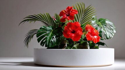 Tropical Bloom Arrangement: A stunning display of vibrant red hibiscus flowers and lush tropical foliage is artfully arranged, creating a captivating visual harmony. 