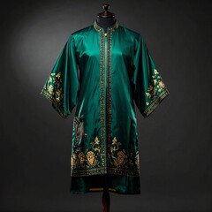 Traditional Green Silk Chinese Robe with Gold Embroidery Details