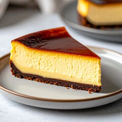 Delicious slice of cheesecake with caramelized sugar topping served