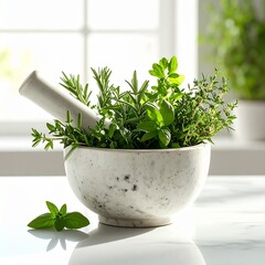 Fresh Herbs in Marble Mortar with Pestle on Countertop