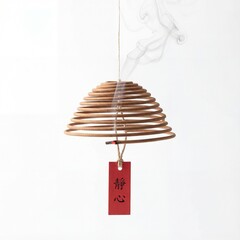 Burning spiral incense coil with smoke for spiritual prayer isolated on white.