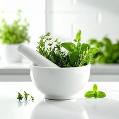 Fresh Herbs in White Mortar and Pestle on Kitchen Counter