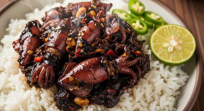 Spicy Adobong Pusit Filipino Style Squid Dish with Rice and Lime.