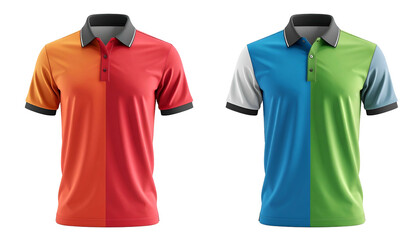 Two polo shirts side-by-side; one red/orange, one blue/green, all with gray collars