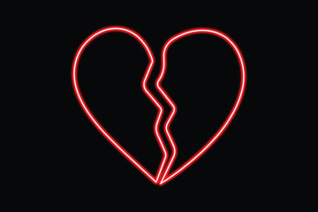 A striking illustration of a broken heart glowing in vibrant red neon light on a dark backdrop