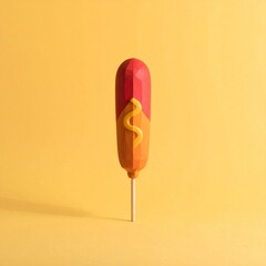 Colorful Wooden Hot Dog Toy on Stick Against Yellow